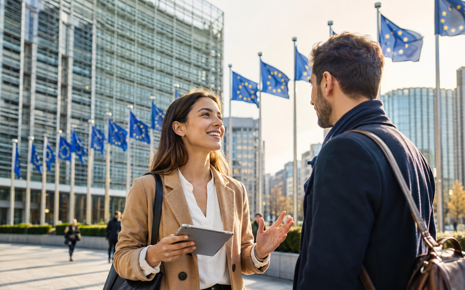 Profesional usando idiomas en Bruselas con banderas europeas